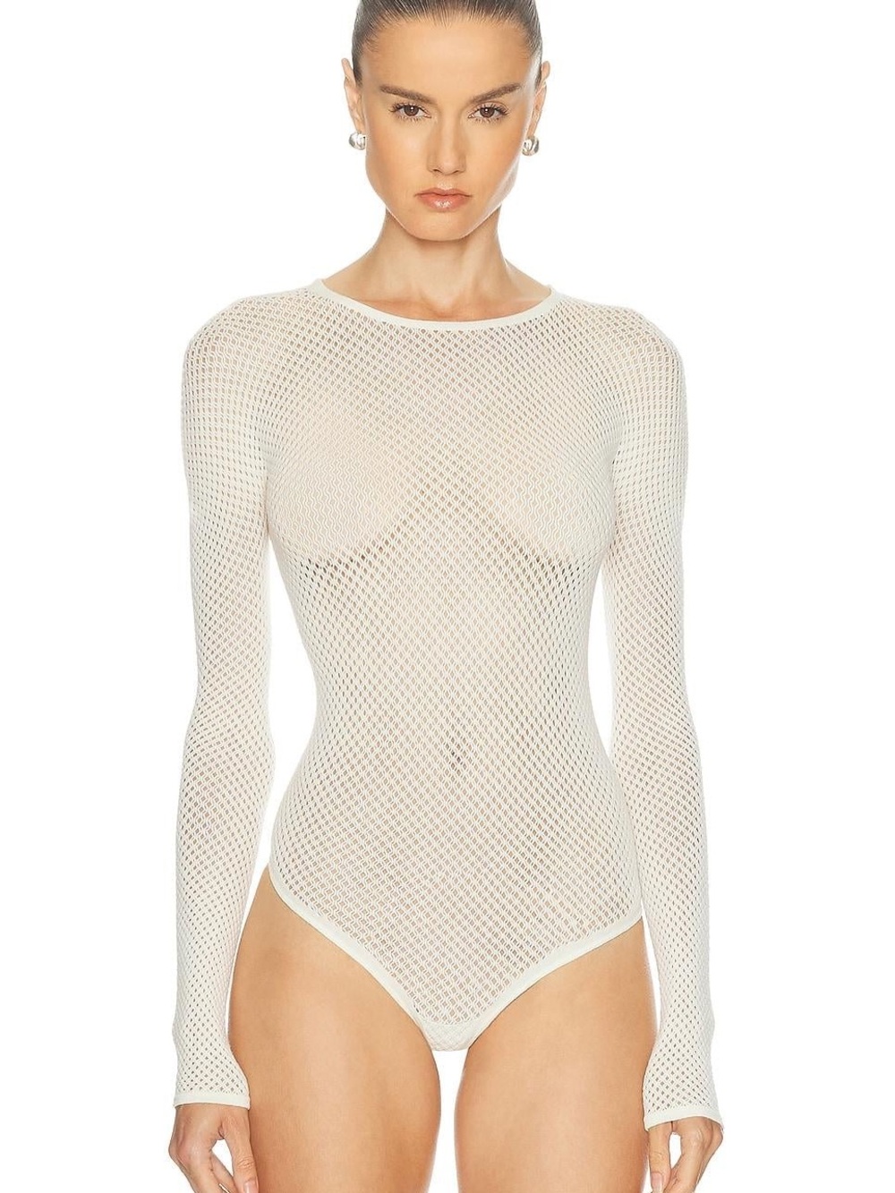 WARDROBE.NYC Cream Long-Sleeve Mesh Bodysuit